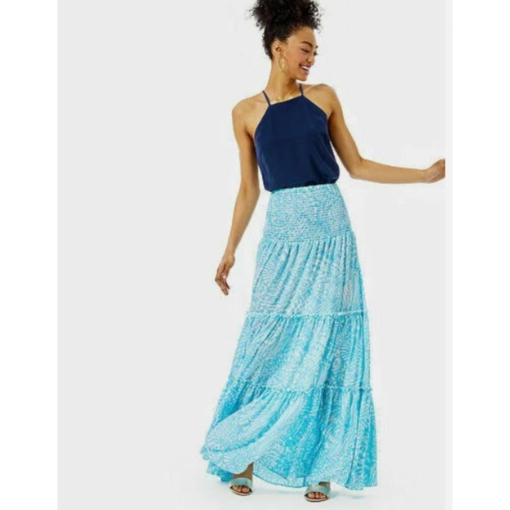 Lilly Pulitzer Hanalei Maxi Skirt Womens M Succulent Blue Sea Cups Tiered Beach